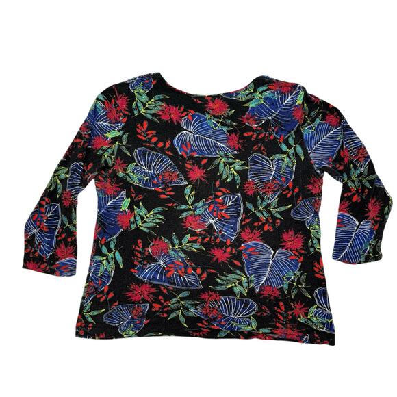 CHICOS Black Tropical Floral Rayon Blend 3/4 Sleeve Top Size Large (2) Pullover - Picture 5 of 11